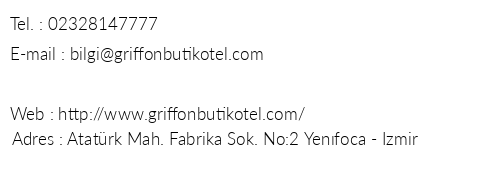 Griffon Butik Otel telefon numaralar, faks, e-mail, posta adresi ve iletiim bilgileri